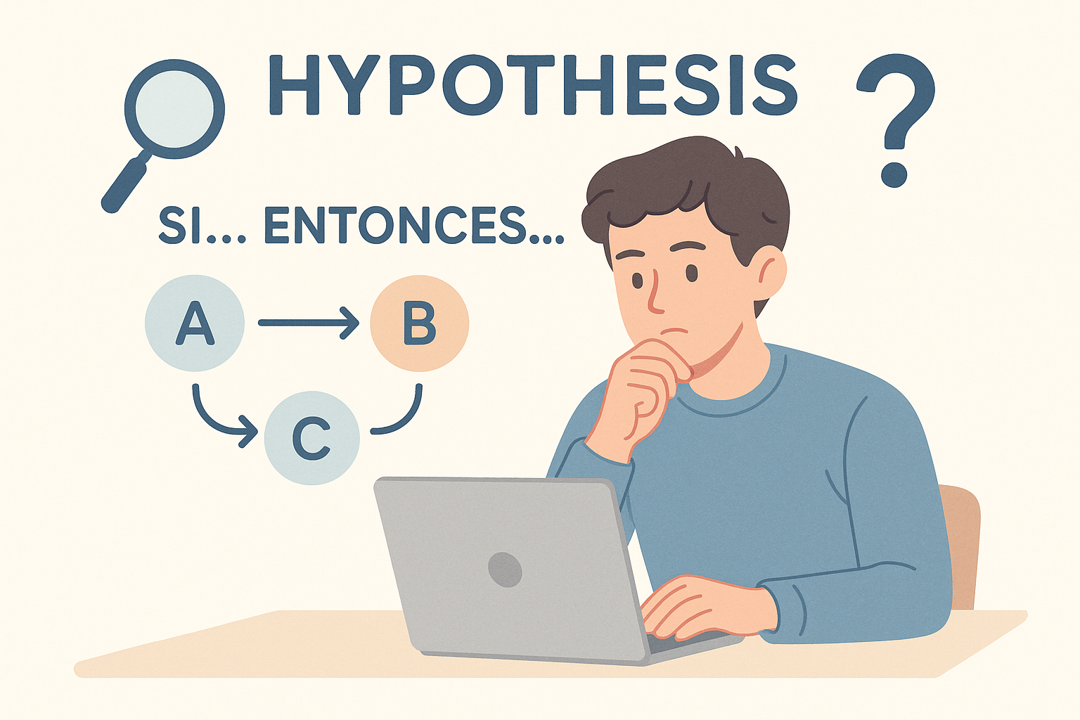 Estudiante reflexivo frente a su laptop, analizando si su proyecto de investigación requiere hipótesis, con íconos de pensamiento, pregunta y ecuación.