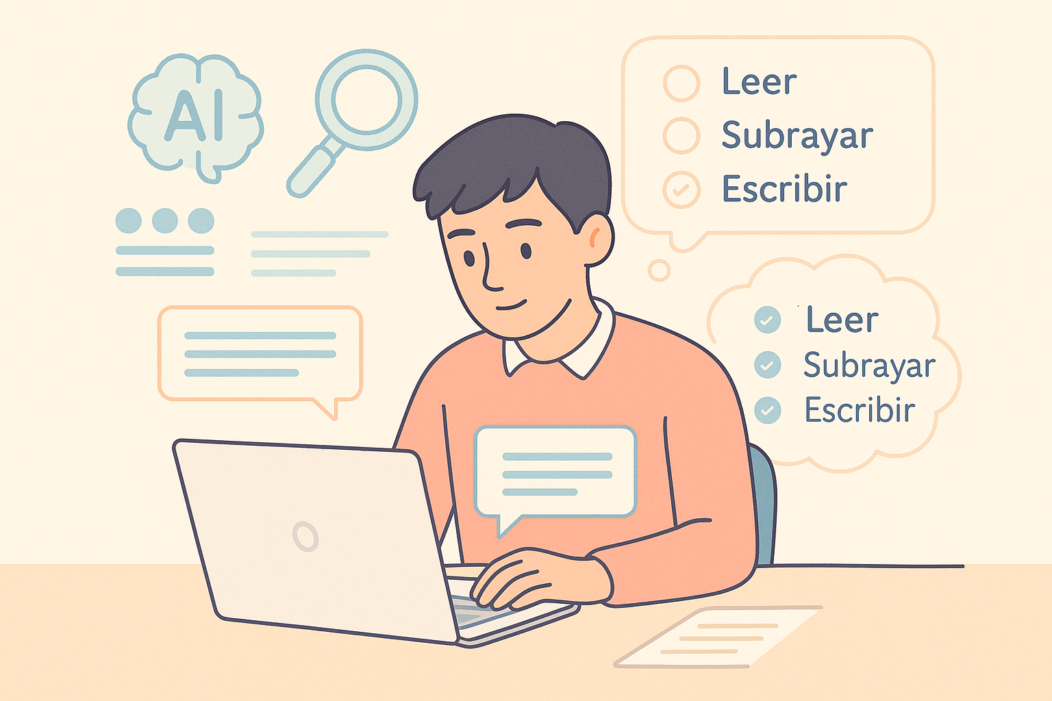 Persona escribiendo en una laptop, con burbujas de texto, una lista de pasos (“Leer, Subrayar, Escribir”) y un icono de IA y lupa, en estilo de ilustración plana y colores suaves.