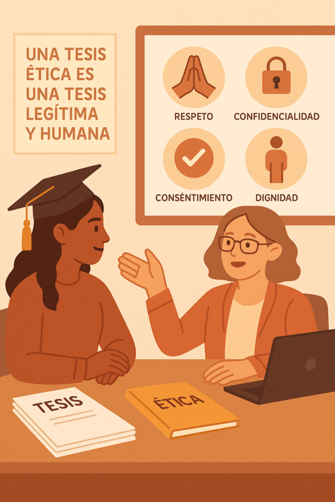 Dos personas en una mesa (una estudiante con birrete y una asesora), con una ilustración al fondo que muestra iconos de “respeto”, “confidencialidad”, “consentimiento” y “dignidad”, con colores cálidos y estilo plano, representando la asesoría en integridad académica.