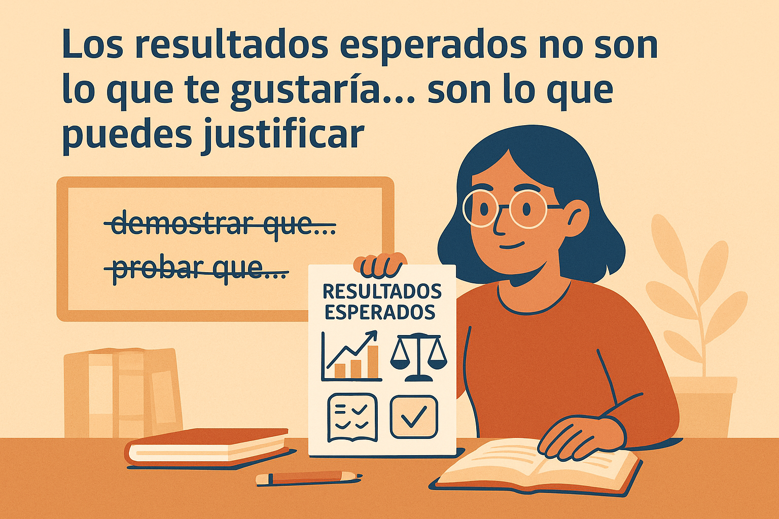 Estudiante redactando sus resultados esperados con un gráfico, una lista de objetivos y una balanza que representa la viabilidad, mientras descarta frases como “probar que…” o “demostrar que…”.