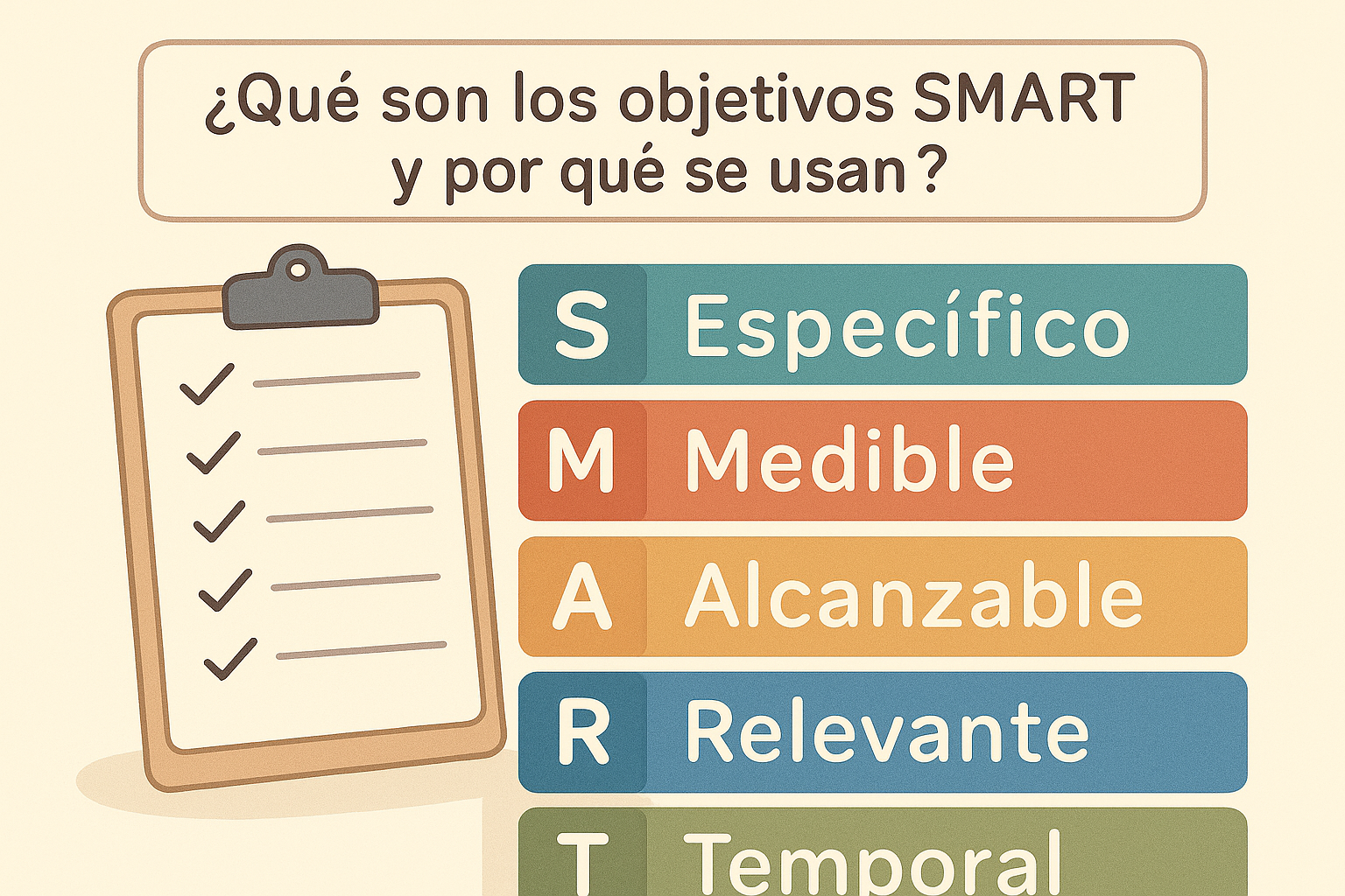 Ilustración educativa que explica los cinco elementos de los objetivos SMART: Específico, Medible, Alcanzable, Relevante y Temporal.