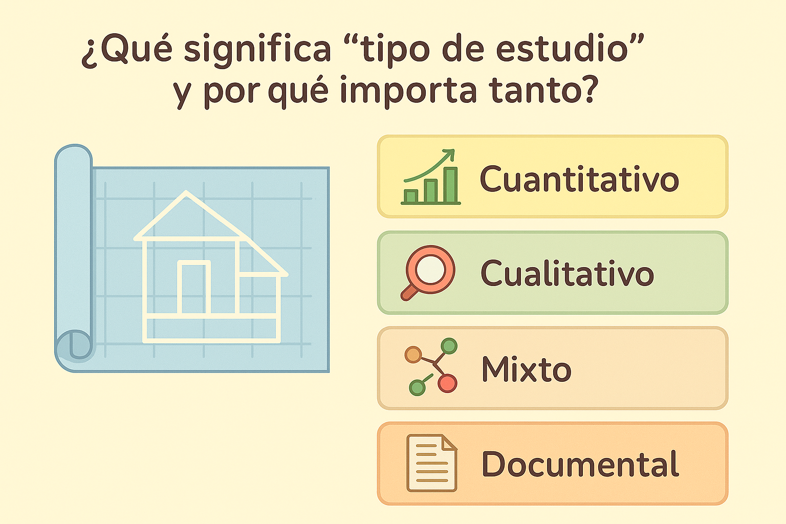 Infografía ilustrativa que muestra los diferentes tipos de estudio en investigación: cuantitativo, cualitativo, mixto y documental, con íconos representativos para cada uno.