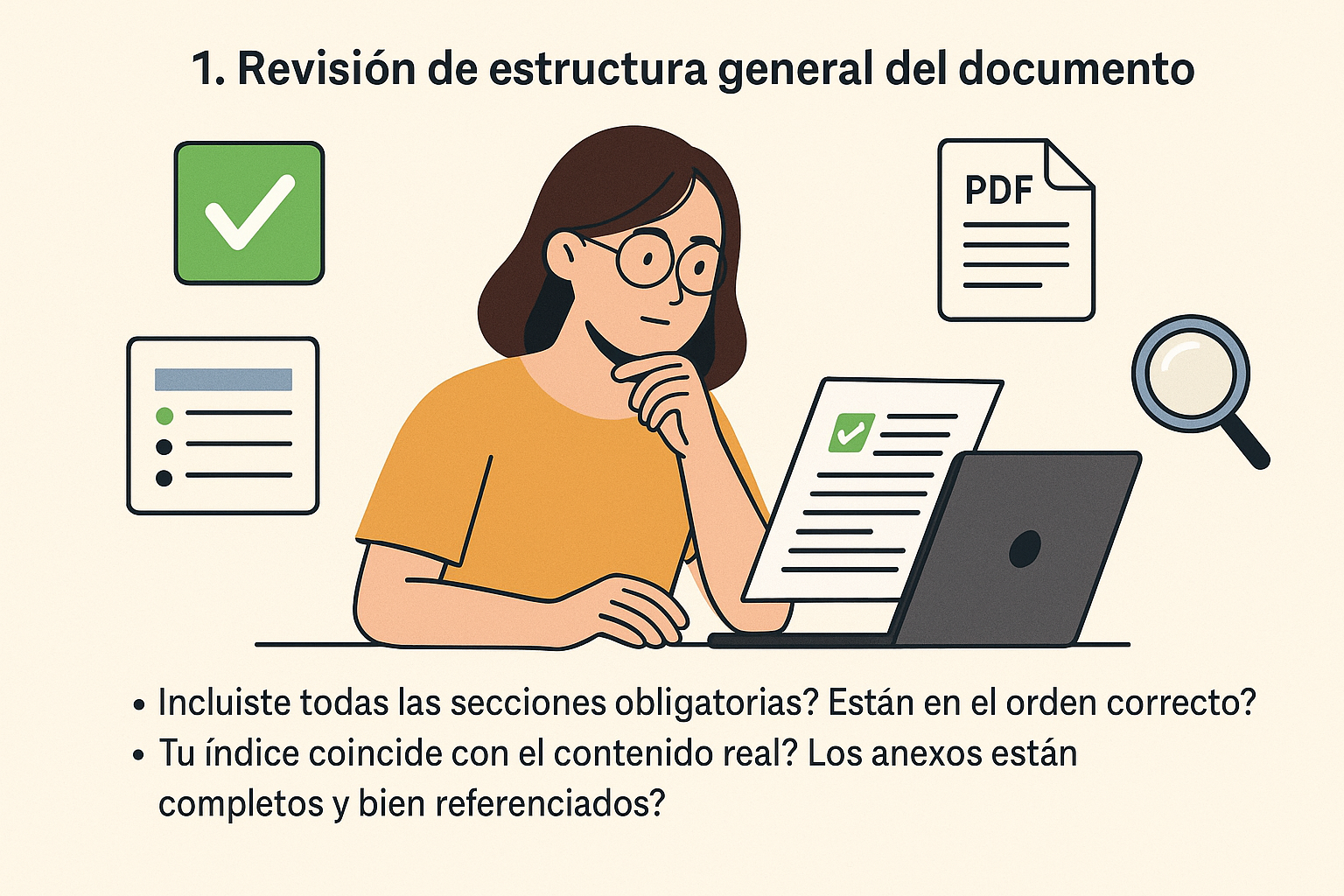 Persona revisando la estructura de un proyecto académico con lista de verificación e íconos de orden y revisión.