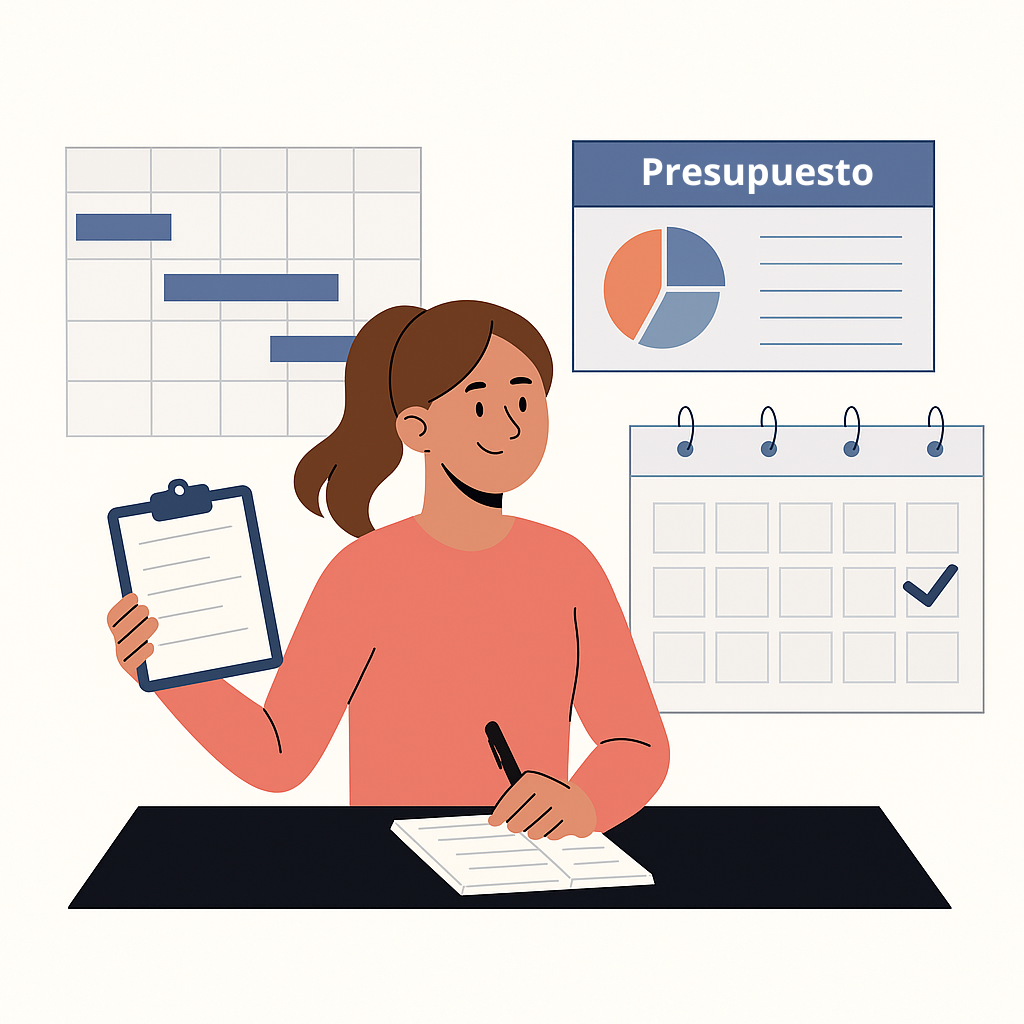 Estudiante frente a una laptop organiza un cronograma y presupuesto con íconos de reloj, calendario y dinero representando planificación de tesis.