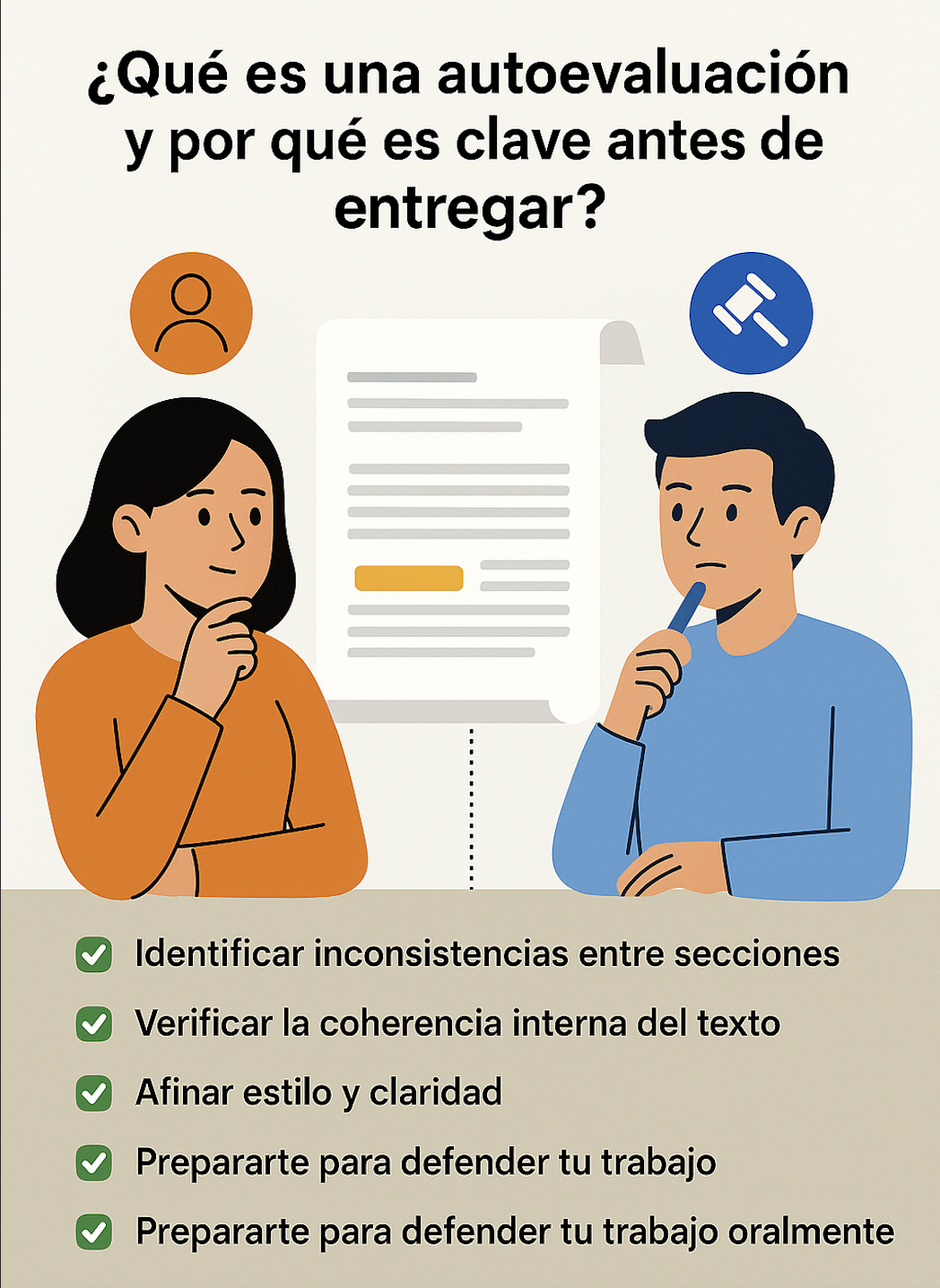 Dos personas, una mujer y un hombre, analizan un documento con actitud reflexiva, acompañados de una lista de verificación con ítems sobre coherencia, claridad y preparación para defender el trabajo.
