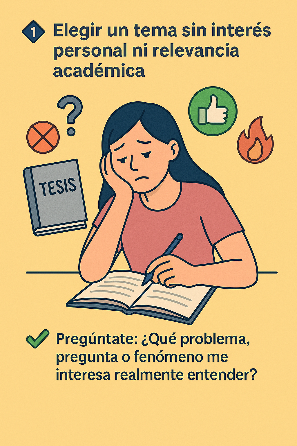 Ilustración digital en estilo flat de una joven estudiante frente a una gran hoja de ruta con flechas divergentes, representando la dificultad de elegir un tema de investigación relevante y personal.