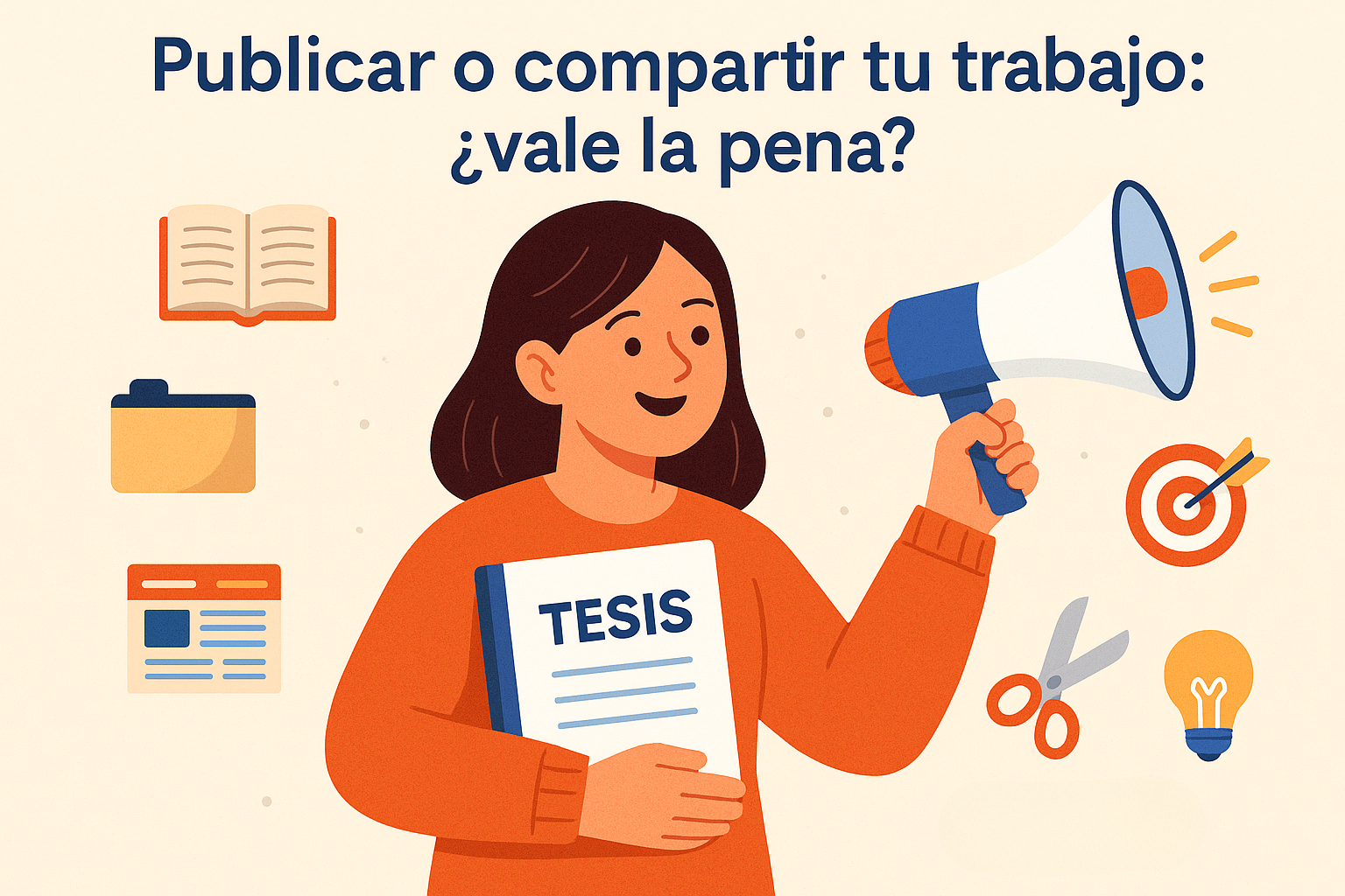 Estudiante sonriente sostiene una tesis y un megáfono, rodeada de íconos que representan publicación, edición y comunicación: carpeta digital, libro, artículo, blanco con flechas, tijeras y bombilla.