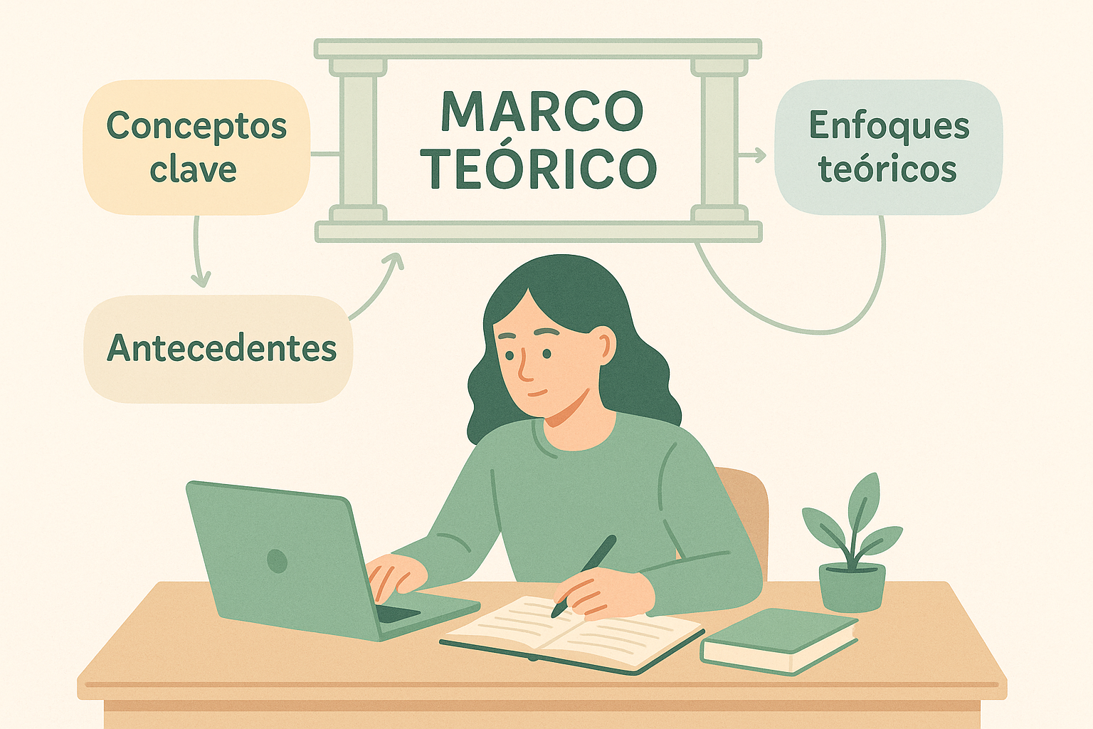 Estudiante construyendo un andamiaje conceptual en su laptop, con etiquetas “Conceptos clave”, “Enfoques teóricos” y “Antecedentes”.