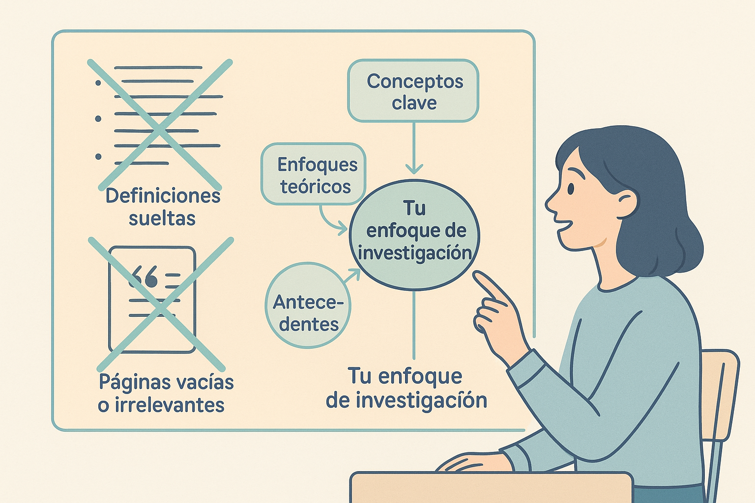 Ilustración comparativa de lo que sí y no debe incluir un marco teórico, con estudiante analizando conceptos organizados frente a ideas tachadas.