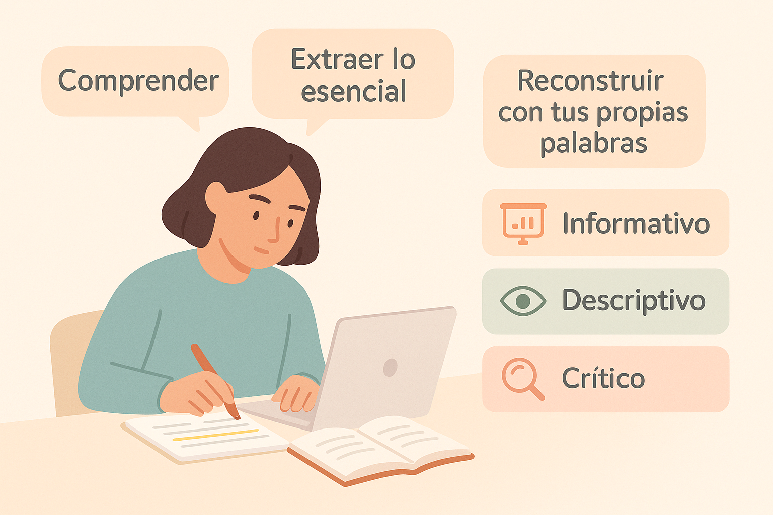 Estudiante investigadora subrayando un texto en cuaderno delante de su laptop, con burbujas que dicen “Comprender”, “Extraer lo esencial”, “Reconstruir con tus propias palabras” y tres cajas etiquetadas “Informativo”, “Descriptivo” y “Crítico” con iconos correspondientes.