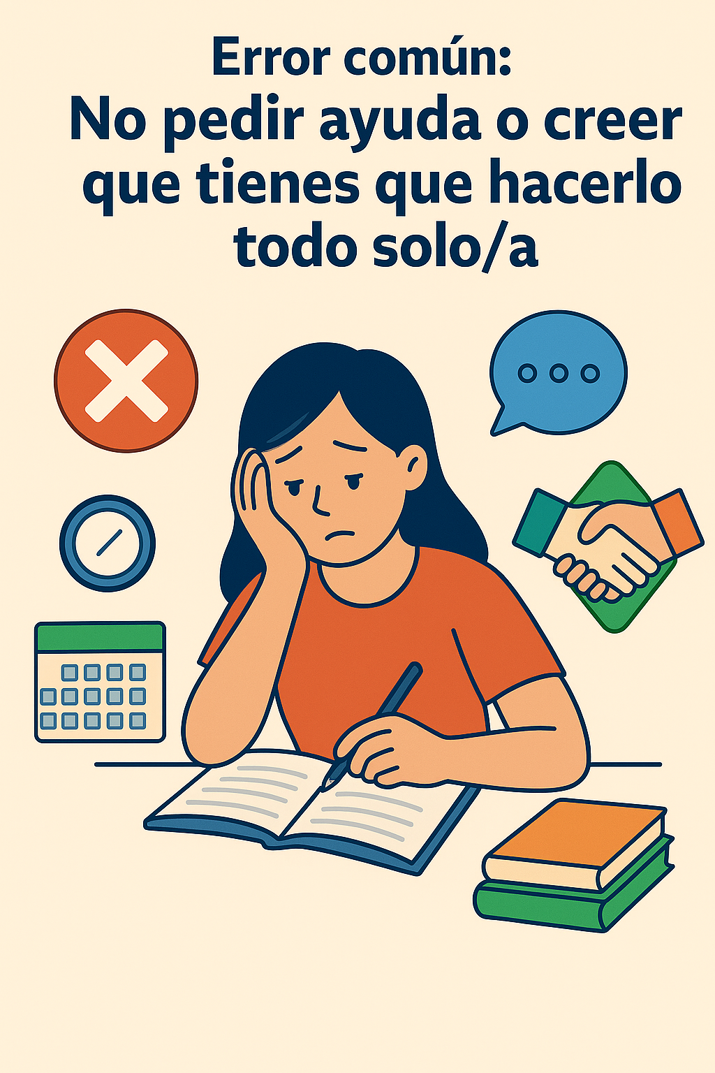 Estudiante con expresión de duda y cansancio escribe en un cuaderno, rodeada de íconos como una cruz roja, burbuja de diálogo, apretón de manos, libros y una calculadora.