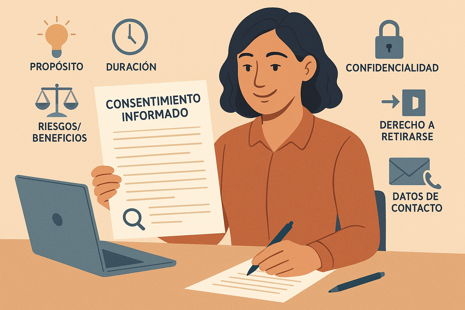 Investigadora sonriente revisando y firmando un formulario de “Consentimiento Informado” frente a su laptop, con iconos educativos sobre propósito, duración, riesgos/beneficios, confidencialidad, derecho a retirarse y datos de contacto.