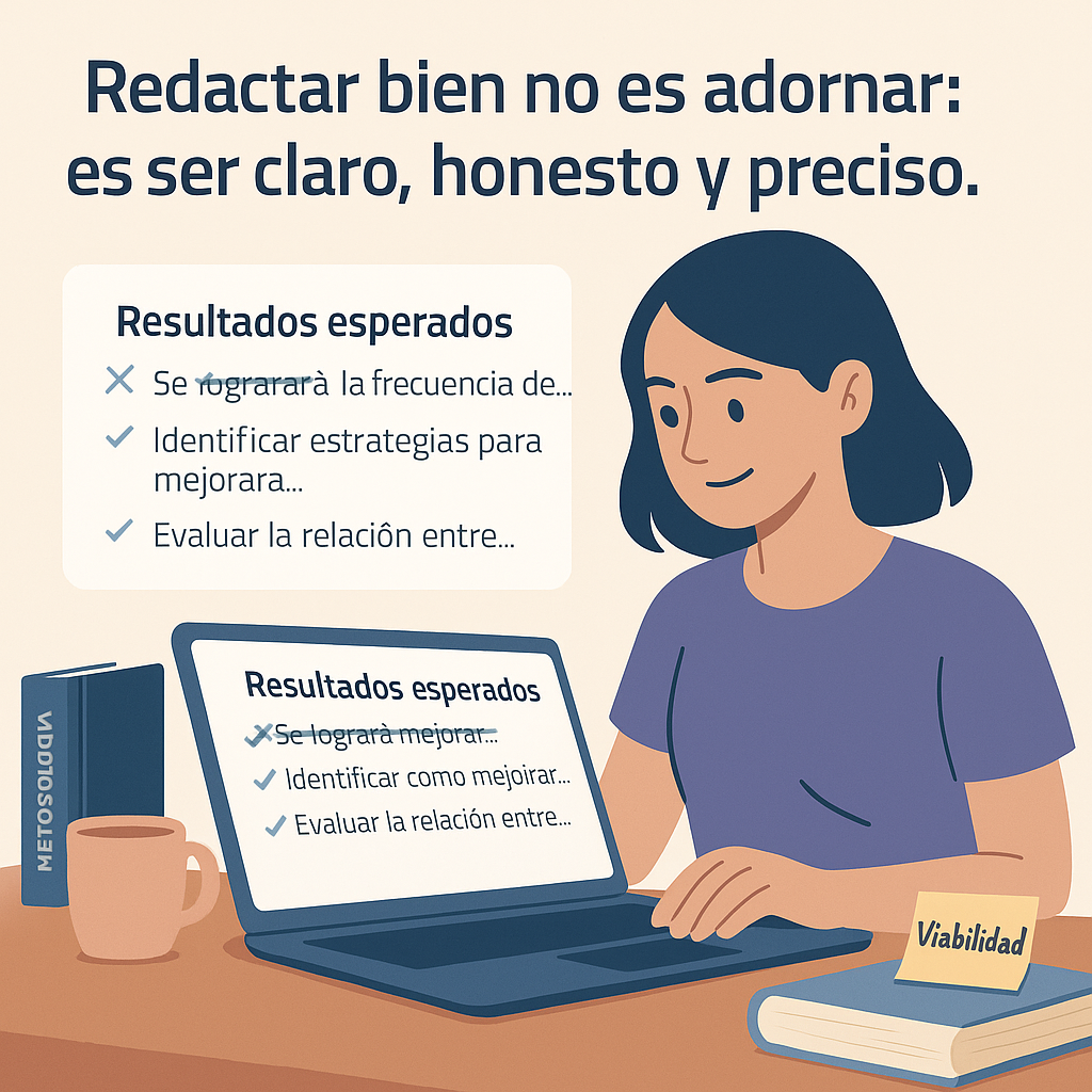 Estudiante revisando una lista de resultados esperados con ejemplos corregidos en lenguaje académico, mientras compara versiones exageradas con formulaciones realistas y técnicas.