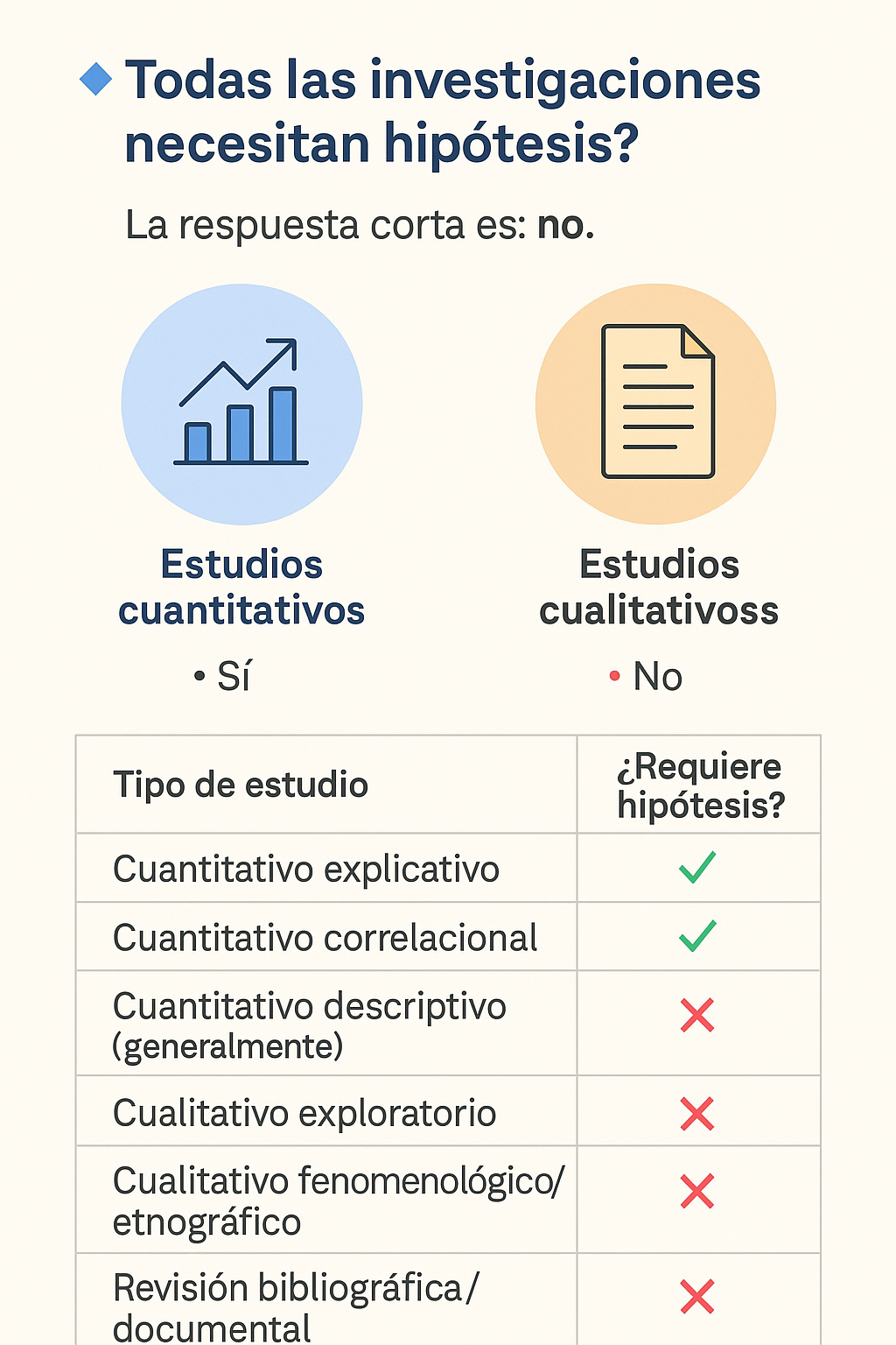 Infografía en español que compara diferentes tipos de estudio con su necesidad o no de formular hipótesis, junto con un personaje que reflexiona frente a una laptop.