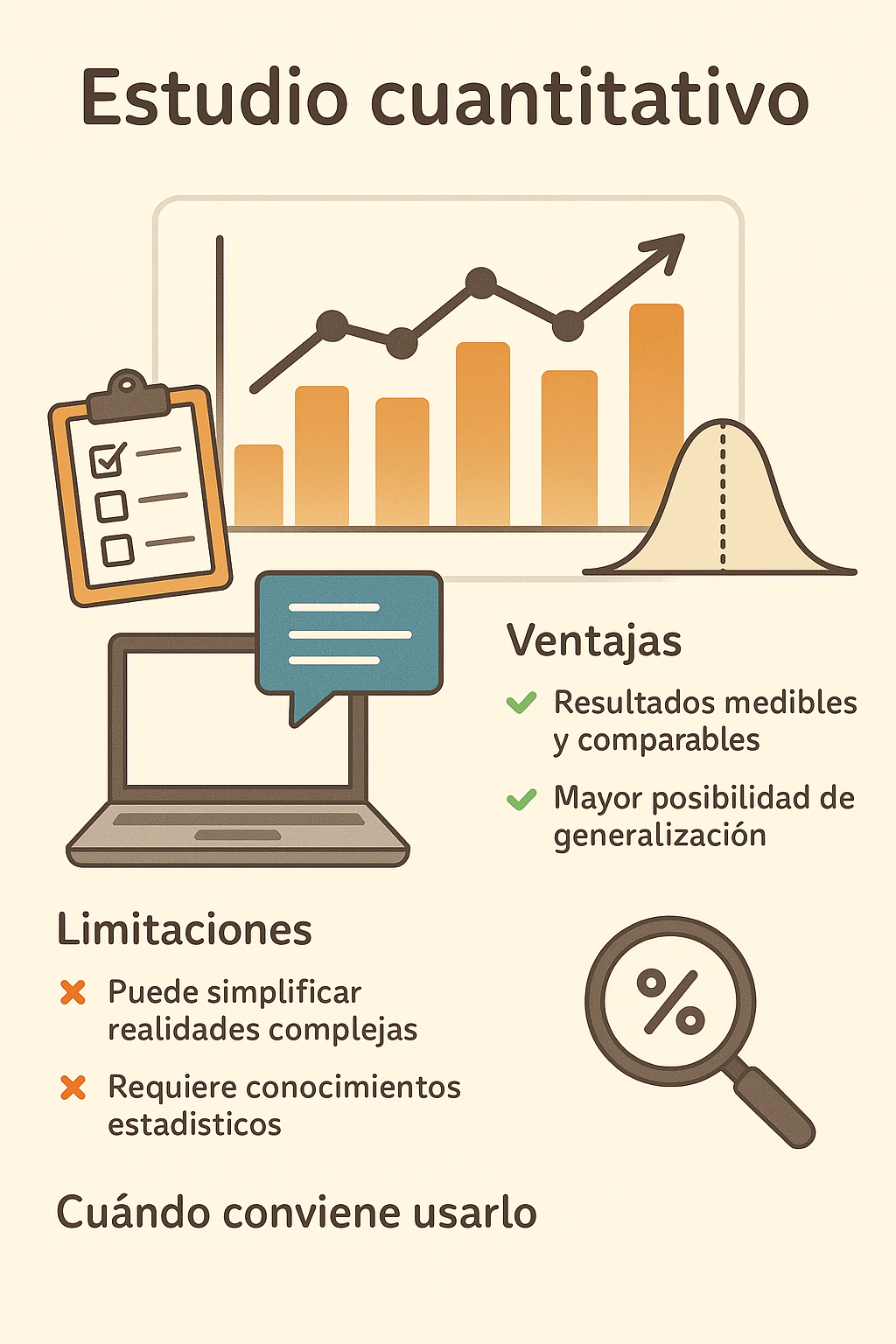 Infografía en español que representa un estudio cuantitativo, con elementos como gráficos, encuestas y medición de datos en estudiantes universitarios.