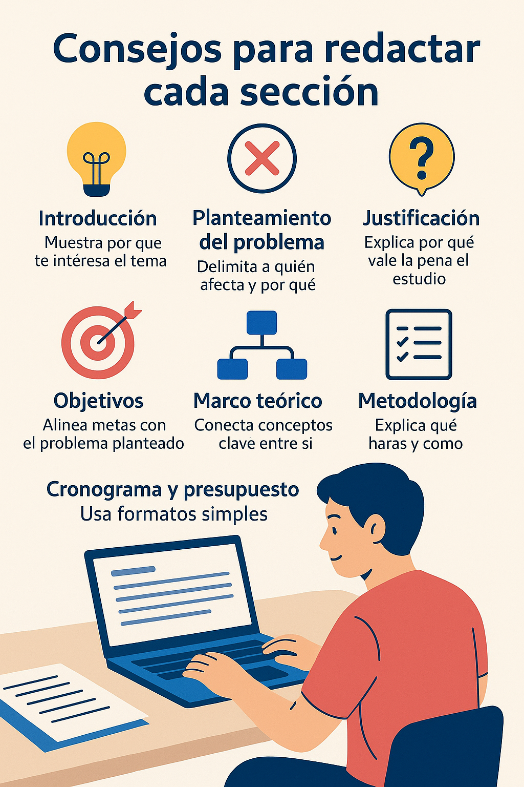 Persona redactando un protocolo académico con ayuda de íconos representativos de secciones clave como introducción, problema, objetivos y metodología.