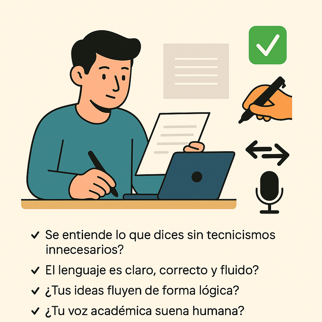 Persona revisando redacción académica con íconos de claridad, estilo y corrección en una ilustración plana.