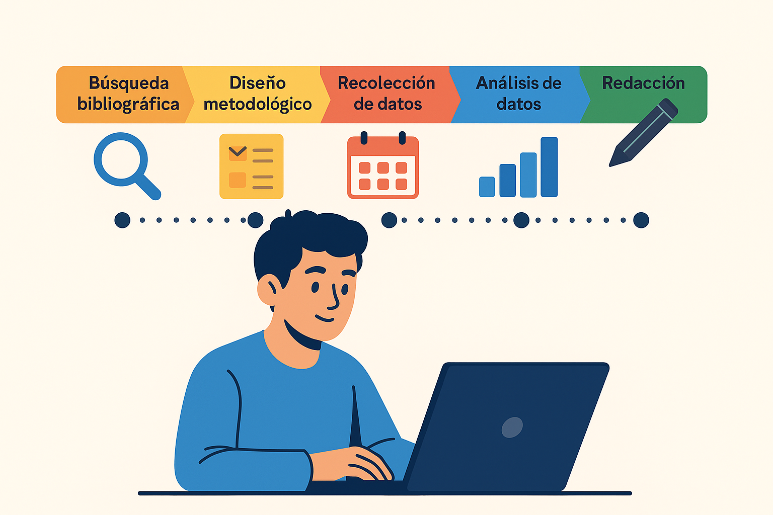 Joven planificando fases de una tesis en un cronograma digital.