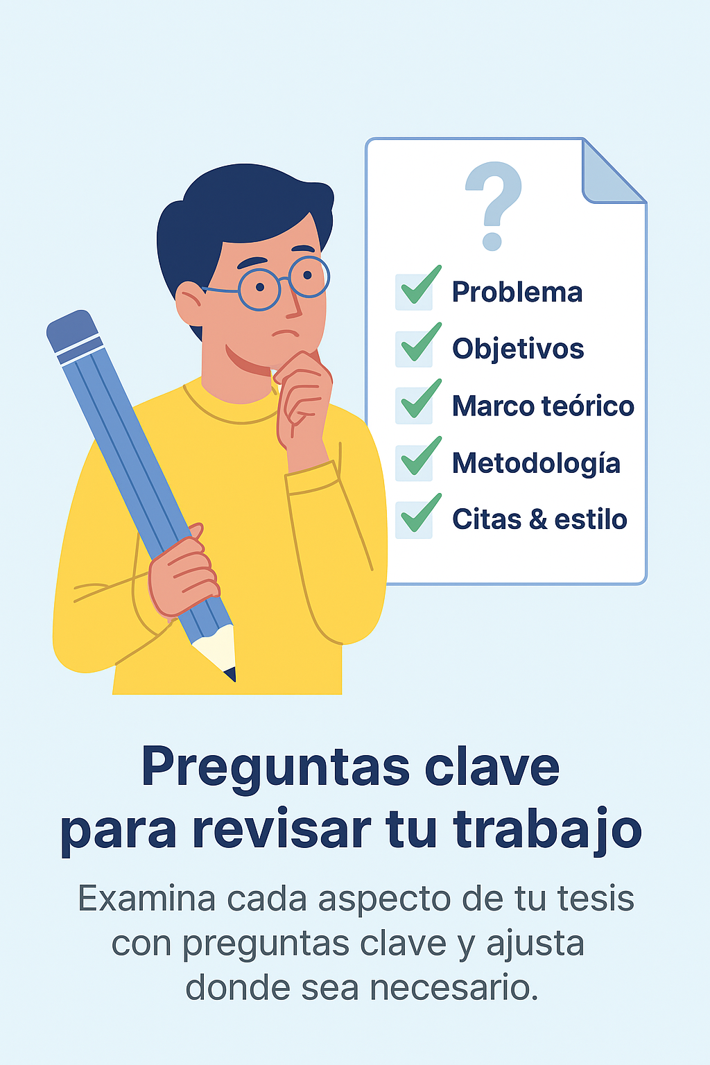 Estudiante con gafas y lápiz gigante reflexiona frente a una lista de verificación que incluye: problema, objetivos, marco teórico, metodología y citas & estilo.