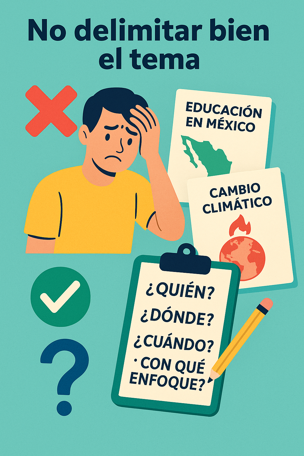 Ilustración digital estilo flat sobre cómo delimitar un tema de investigación académico, con elementos visuales como mapas conceptuales, filtros de enfoque (quién, dónde, cuándo, cómo) y estudiantes tomando decisiones.