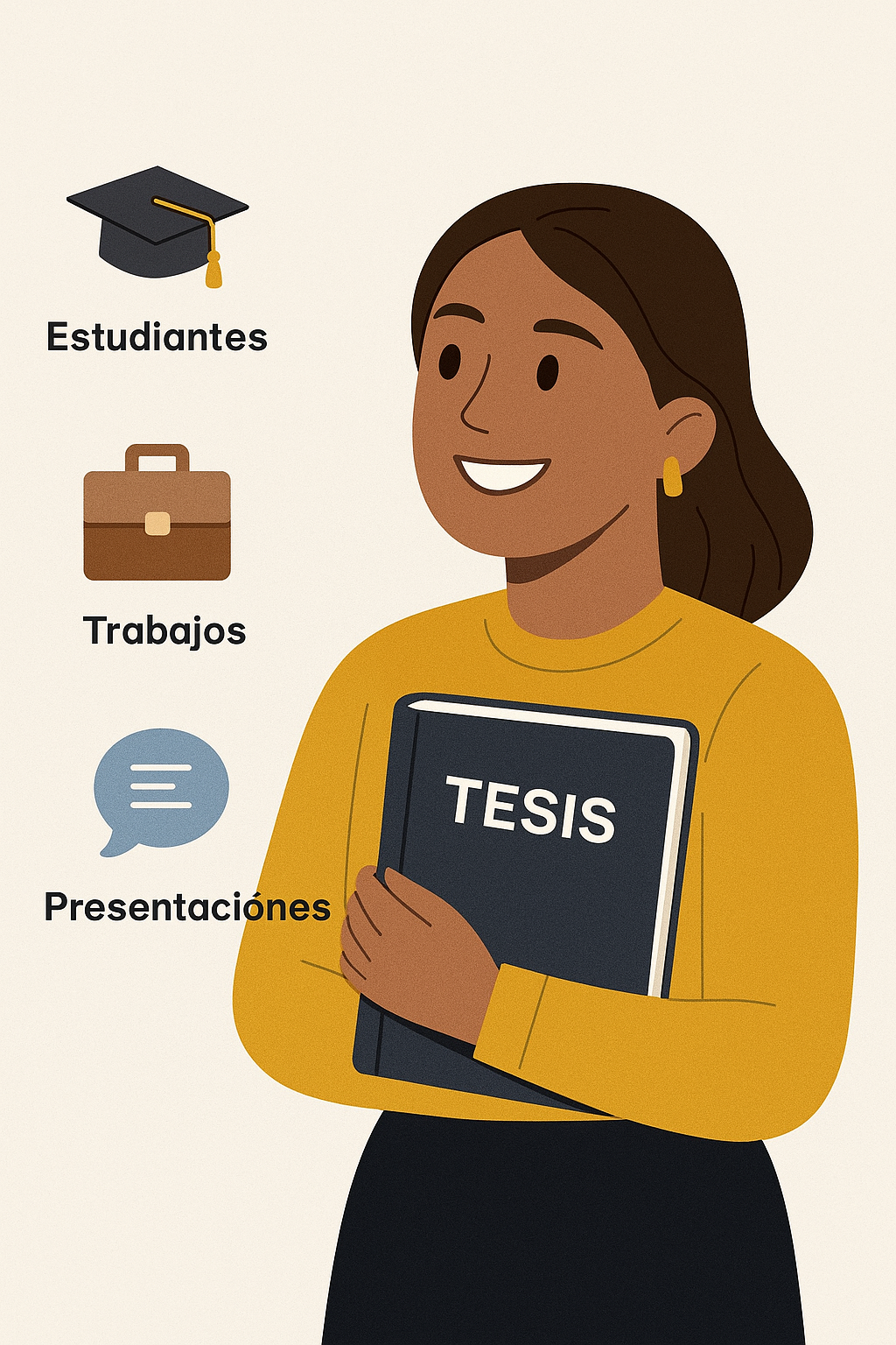 Joven sonriente sostiene su tesis con confianza, acompañada de íconos que representan estudiantes, trabajo y presentaciones profesionales.