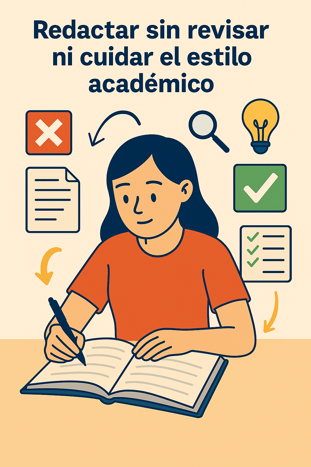 Estudiante escribiendo en un cuaderno, rodeada de íconos como una hoja con errores, una lupa, un foco de idea, y una lista de verificación.