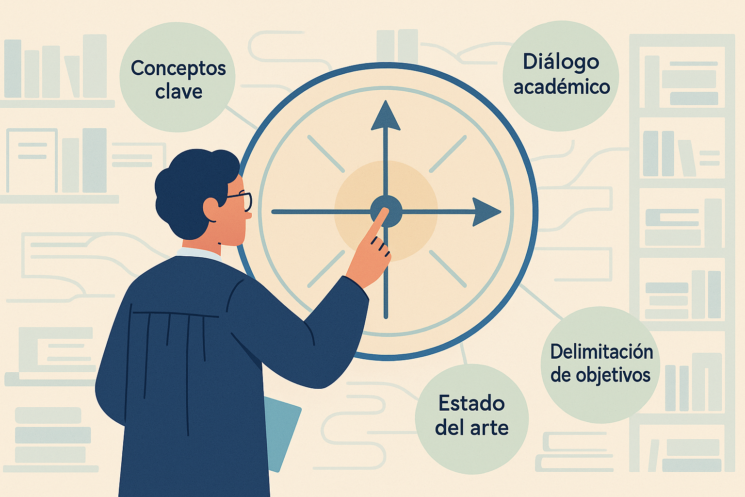 Investigador/a frente a un mapa conceptual que ilustra para qué sirve el marco teórico, con etiquetas clave conectadas.