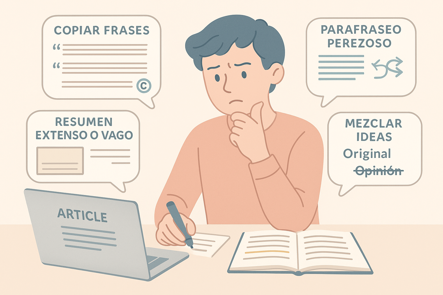 Persona pensativa escribiendo mientras lee un artículo, rodeada de burbujas que mencionan los errores comunes al resumir: “Copiar frases”, “Parafraseo perezoso”, “Resumen extenso o vago” y “Mezclar ideas con opinión”, representados con iconos simples y líneas textuales.