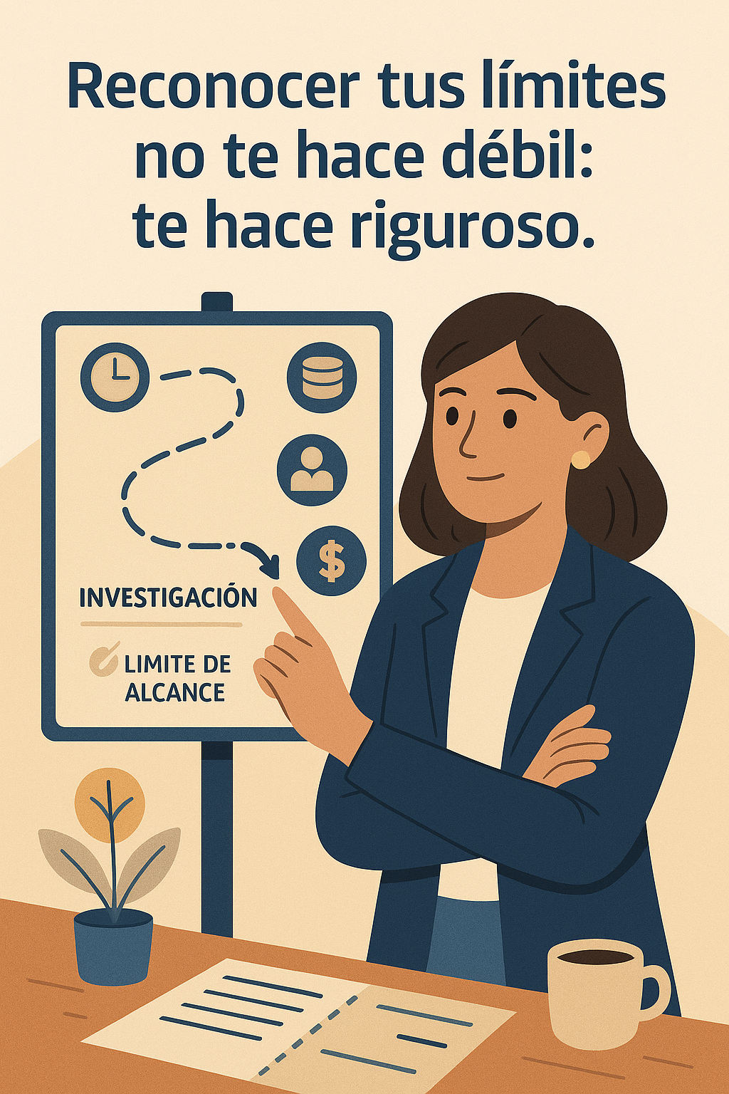 Estudiante frente a un mapa de investigación con un camino delimitado y zonas marcadas como “fuera de alcance”, junto a íconos de limitaciones como tiempo, acceso a datos y población restringida.