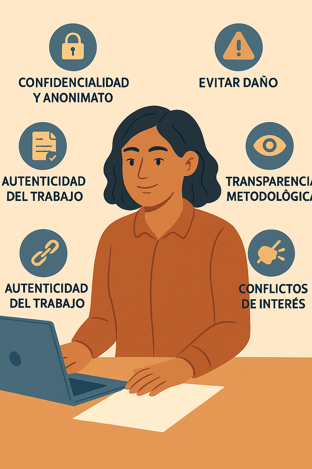 Estudiante universitaria revisando una lista de principios éticos frente a su computadora, con íconos de candado para confidencialidad, triángulo de advertencia, gráfica, comillas y balanza representando distintos compromisos éticos.