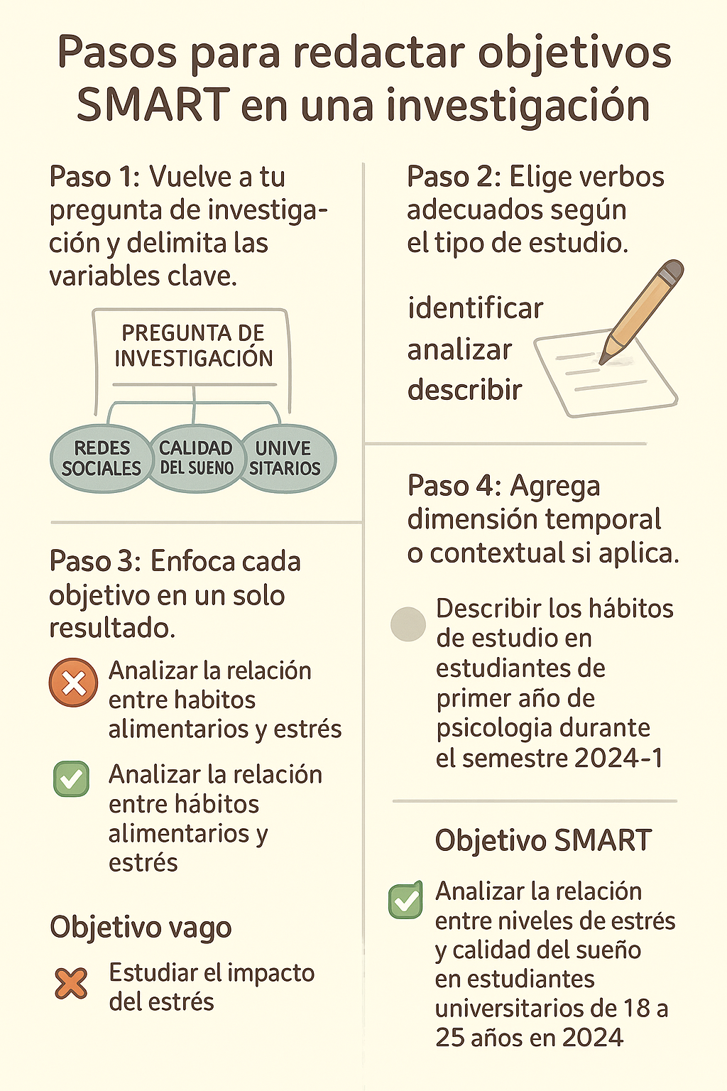 Ilustración educativa que explica los 4 pasos para redactar objetivos SMART en un proyecto académico, incluyendo elección de verbos, enfoque específico y contexto.