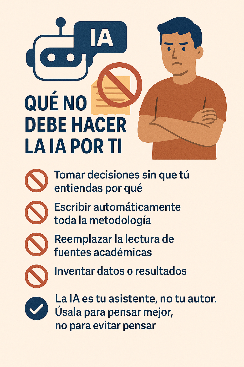 Infografía que ilustra malas prácticas al usar IA en proyectos académicos, como copiar sin entender, citar sin fuentes o generar datos falsos.