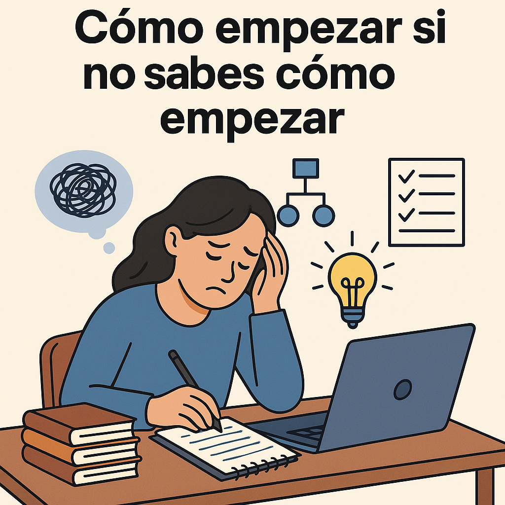 Persona escribiendo un borrador rodeada de notas, esquemas y diagramas en una ilustración plana.