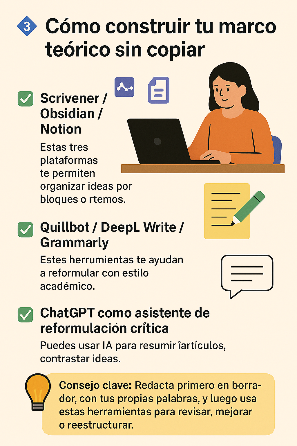 Infografía sobre cómo usar herramientas como Notion, Quillbot y ChatGPT para construir un marco teórico sin copiar.