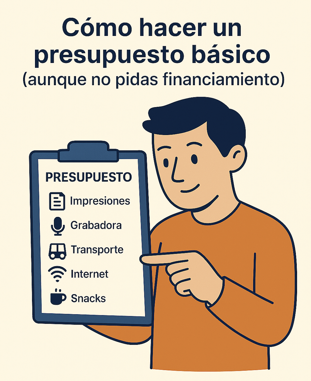 Ilustración de un joven completando una tabla de presupuesto con íconos de elementos comunes como transporte, impresiones y software, representando los gastos típicos de una investigación académica.