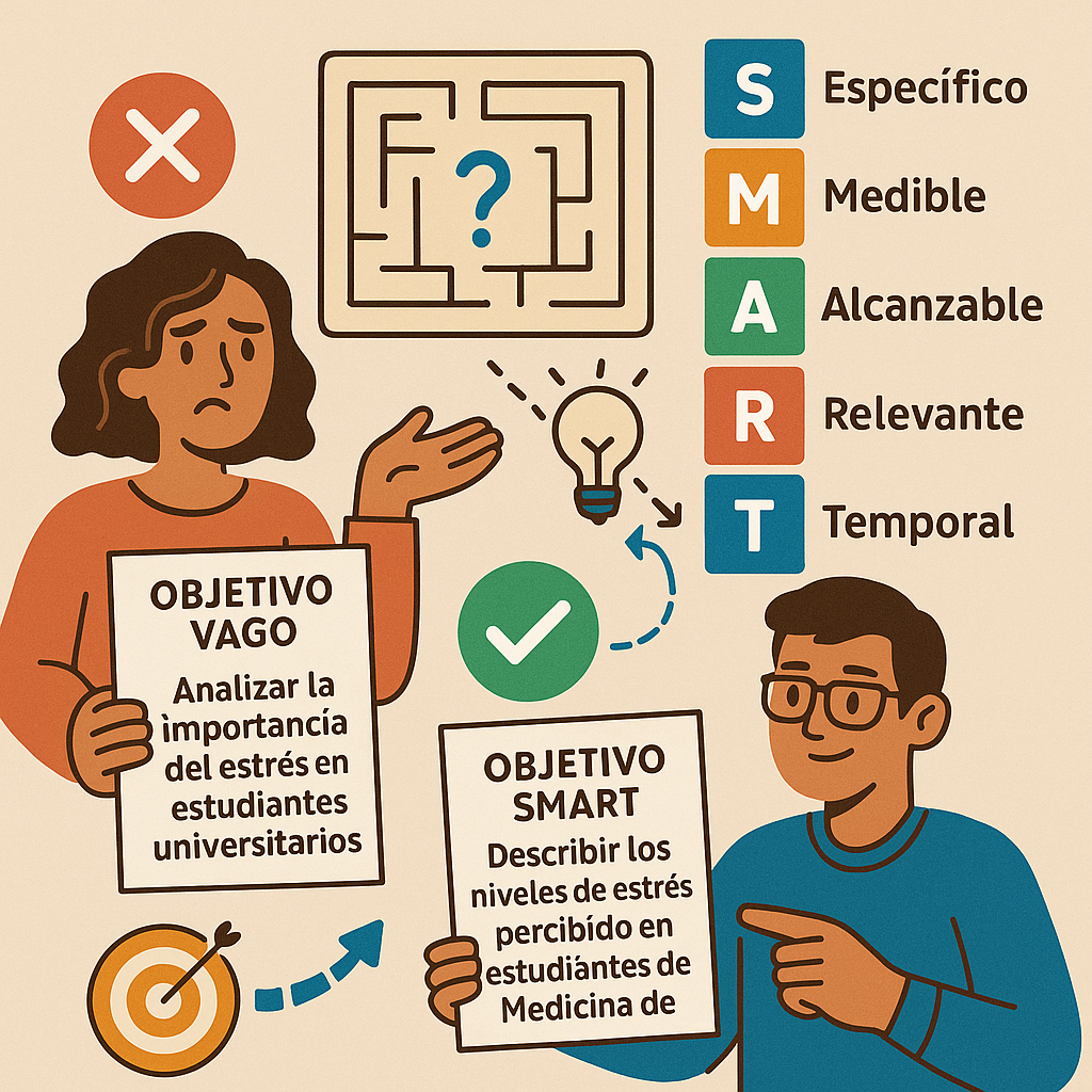 Infografía plana y colorida sobre cómo evitar redactar objetivos genéricos en proyectos académicos, destacando el método SMART.