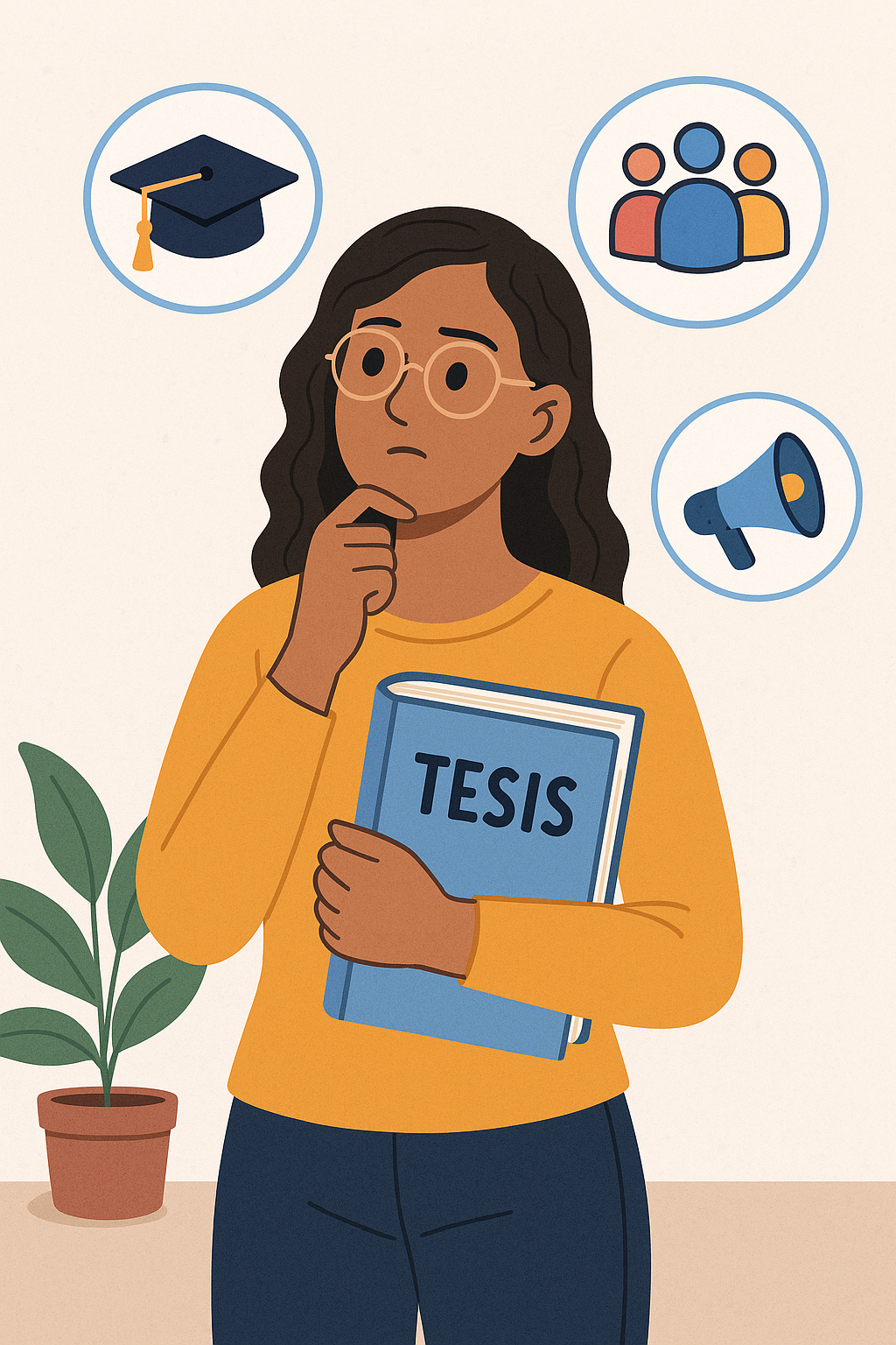 Estudiante pensativa sostiene su tesis, rodeada de íconos que representan posgrados, colaboración académica y oportunidades de difusión.