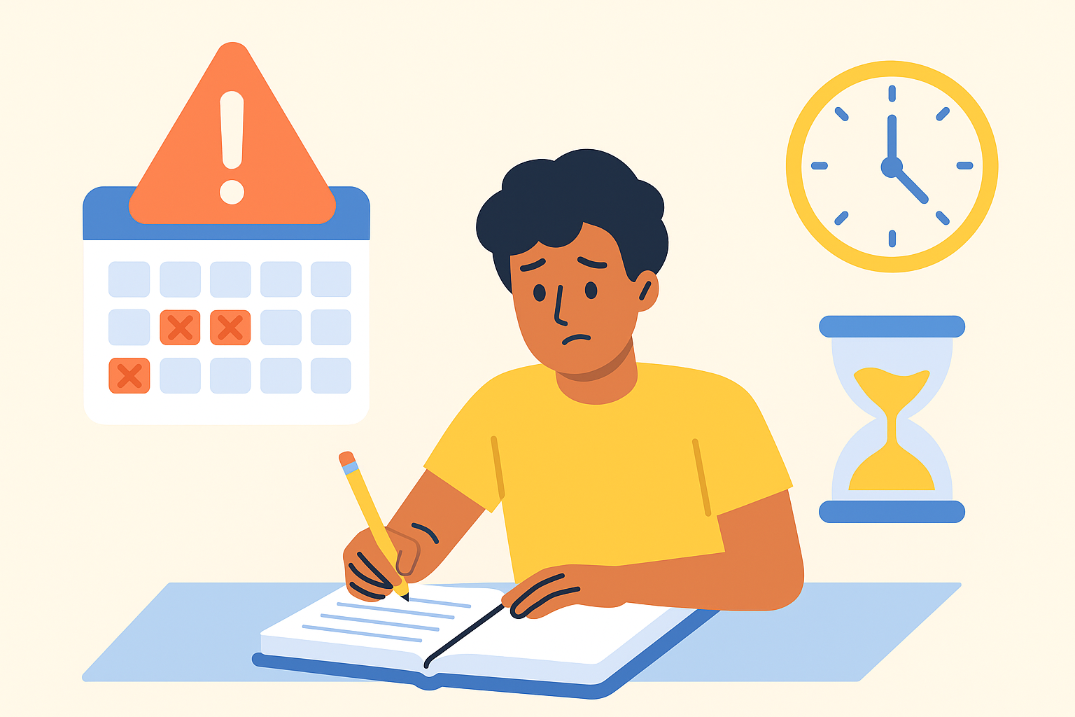 Estudiante preocupado escribiendo en un cuaderno, con un calendario, un reloj, un reloj de arena y un signo de advertencia a su alrededor.