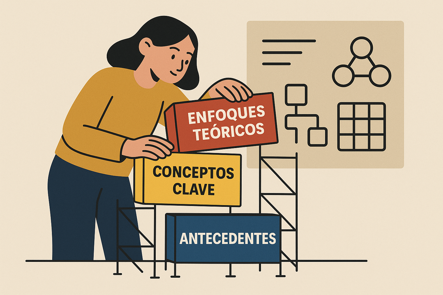 Persona construyendo un andamiaje conceptual con bloques que representan los componentes clave de un marco teórico bien organizado.