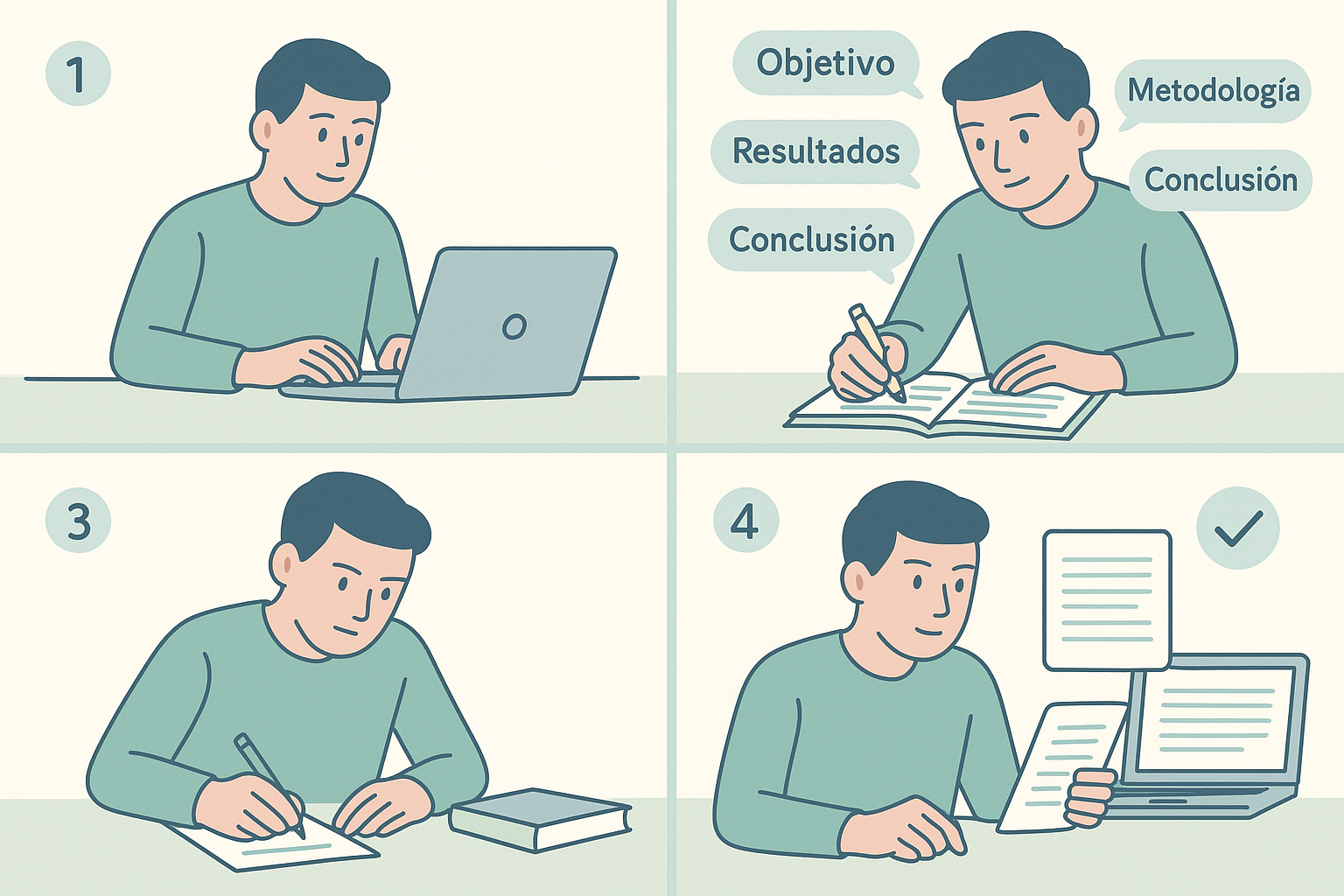 Ilustración dividida en cuatro sub‑páneles que muestran a una persona leyendo sin subrayar, subrayando y anotando ideas clave, escribiendo con el artículo cerrado, y revisando su resumen junto a la fuente original, cada uno numerado del 1 al 4.