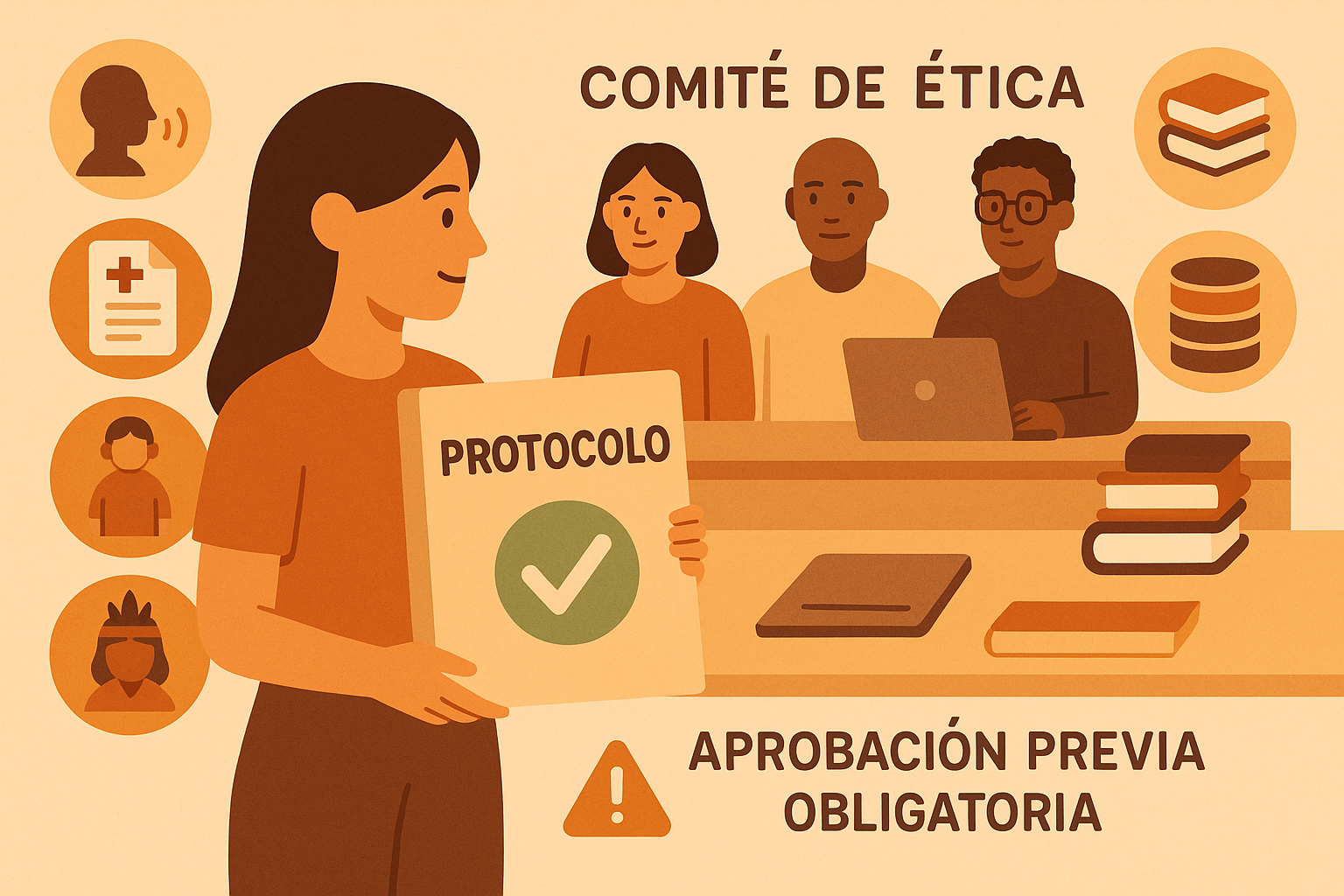 Investigadora presenta un expediente marcado como “Protocolo” frente a un comité de ética diverso, con íconos que representan entrevistas, datos clínicos, grupos vulnerables, libros y bases de datos; incluye sello de aprobación y advertencia de aprobación previa obligatoria.