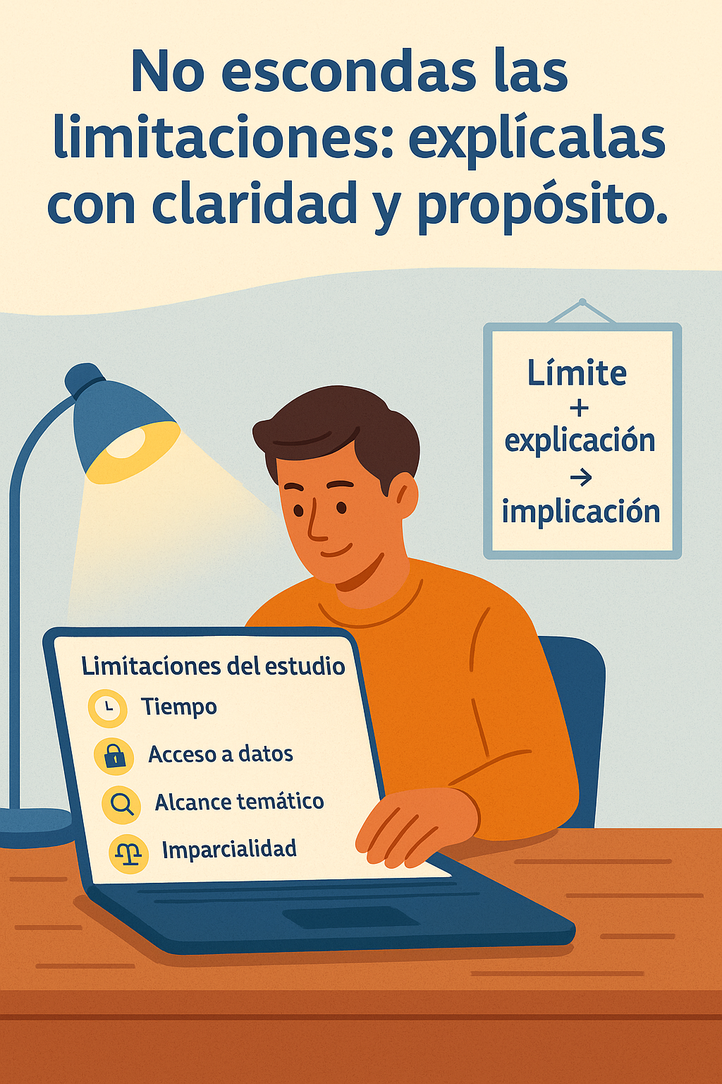 Estudiante redactando la sección de limitaciones del estudio, con una lista estructurada y elementos visuales que representan tiempo, acceso a datos y alcance, bajo el encabezado completo: “No escondas las limitaciones: explícalas con claridad y propósito.”