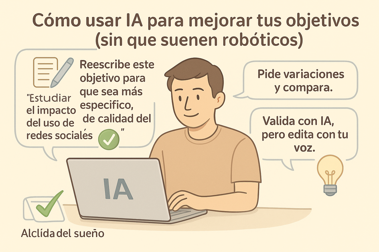 Infografía sobre cómo usar inteligencia artificial para mejorar objetivos académicos sin perder naturalidad