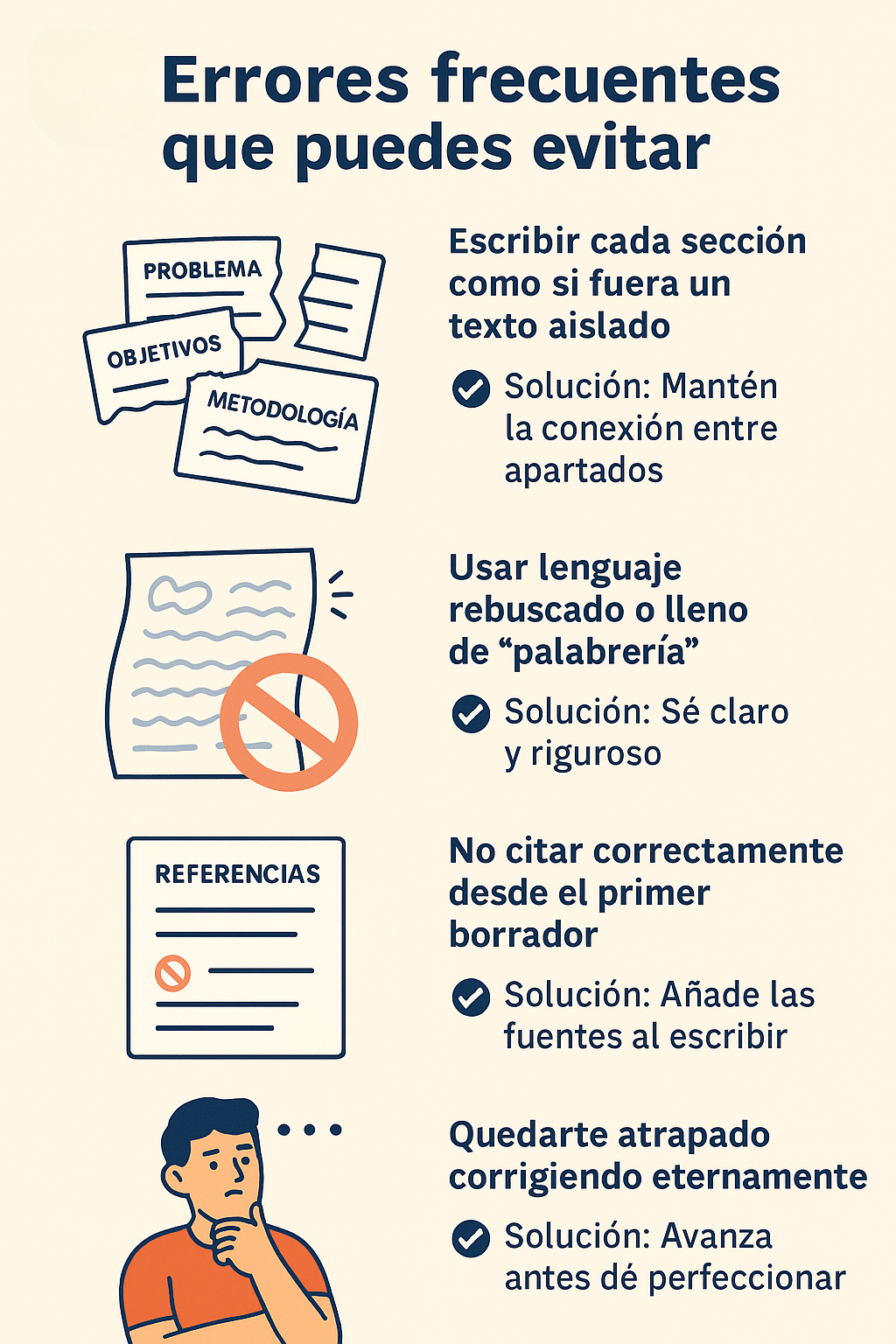 Estudiante frustrado frente a documentos y burbujas con errores comunes al escribir un protocolo académico.