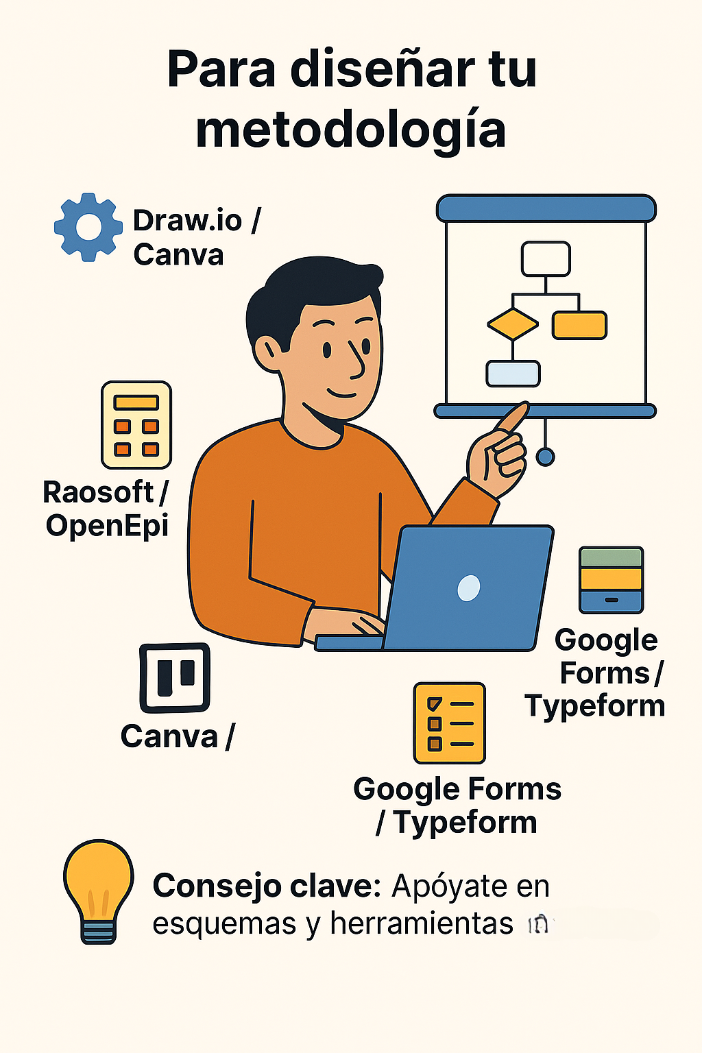 Infografía que muestra herramientas digitales útiles para diseñar la metodología de una tesis: diagramas, formularios, cálculo de muestra y planificación de tareas.