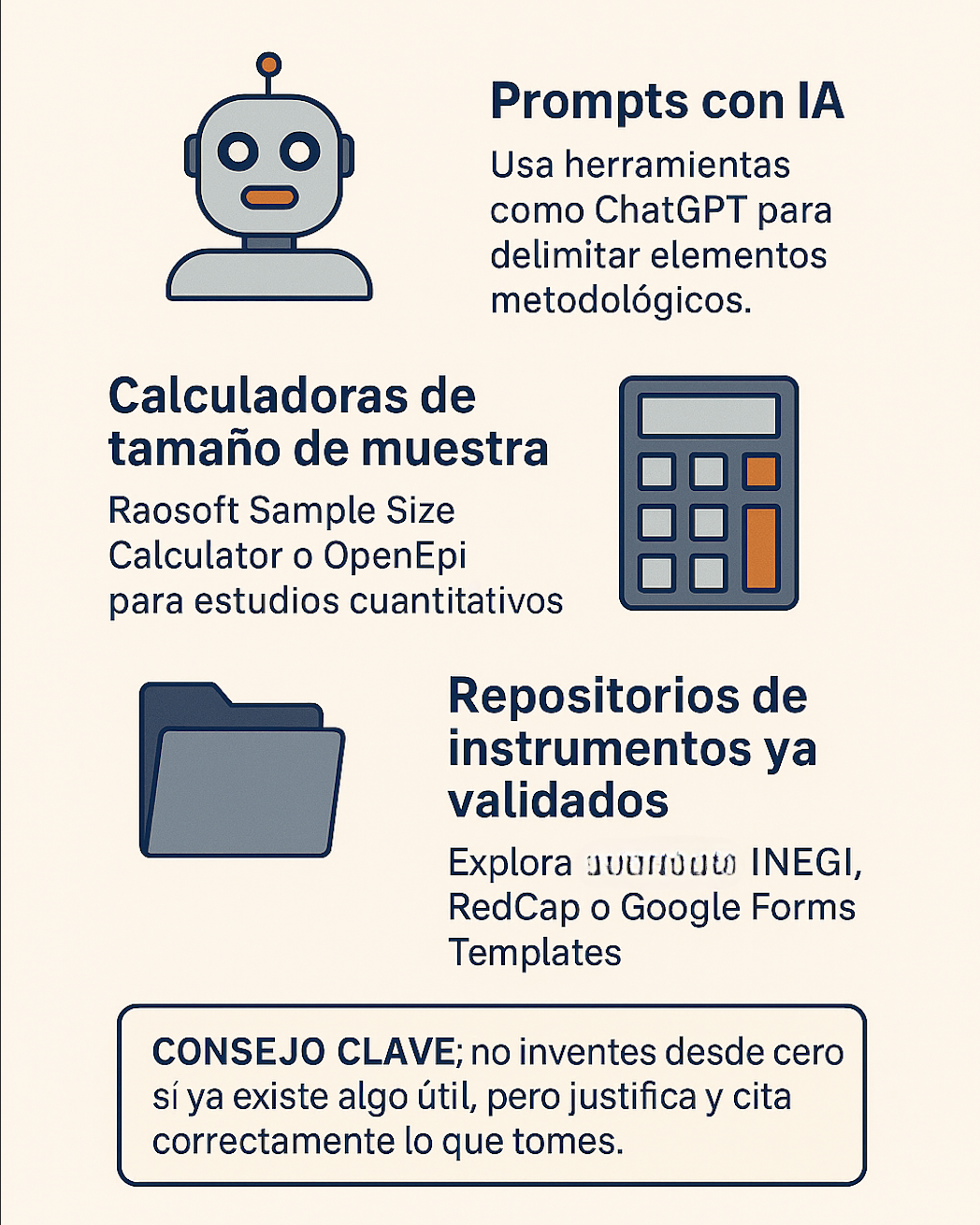Infografía en español con íconos que representan herramientas digitales para definir población, muestra e instrumentos en una investigación académica.