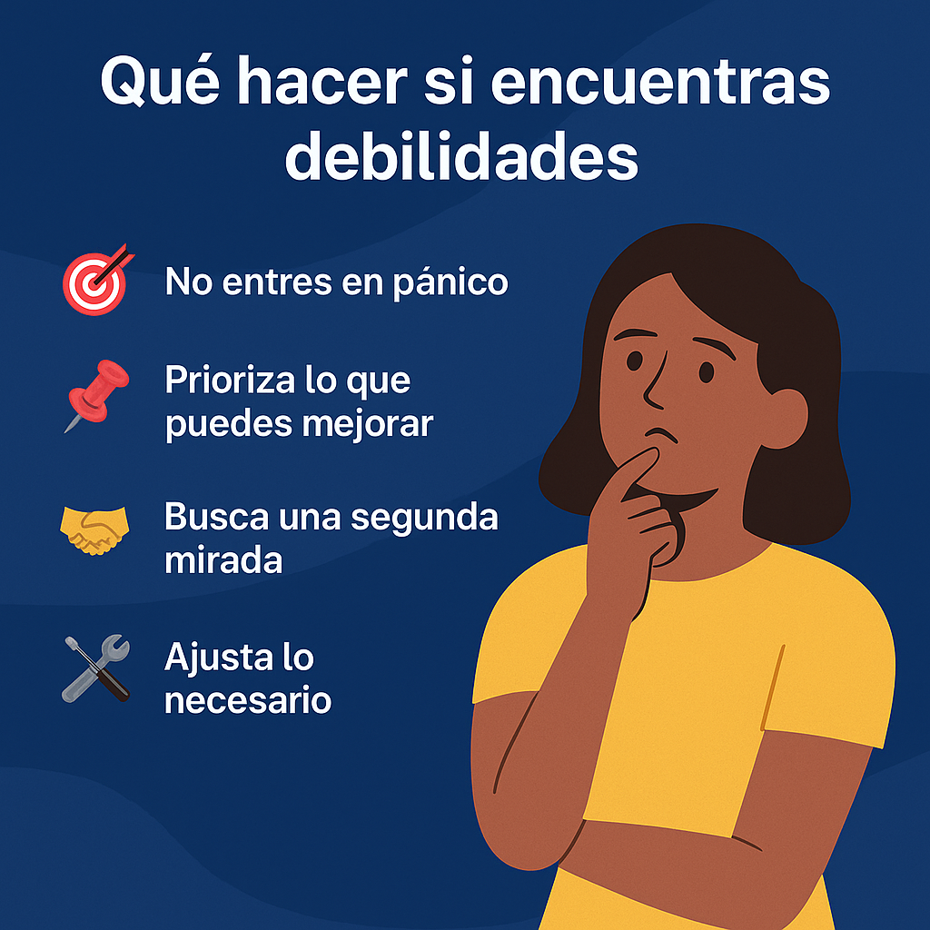 Estudiante con expresión reflexiva observa una lista de consejos para enfrentar debilidades, con íconos de diana, chinche, apretón de manos y herramientas sobre un fondo azul.