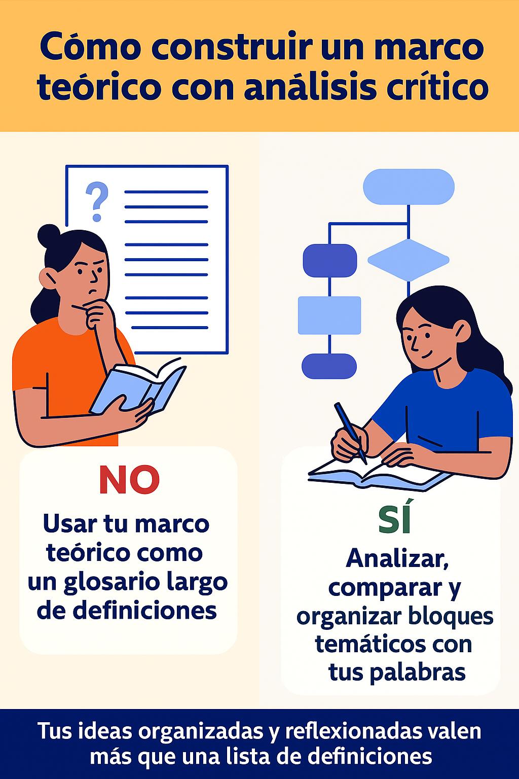 Infografía colorida que muestra a una persona evaluando conceptos interconectados en una pizarra, simbolizando la necesidad de organizar y analizar críticamente el marco teórico en una tesis.