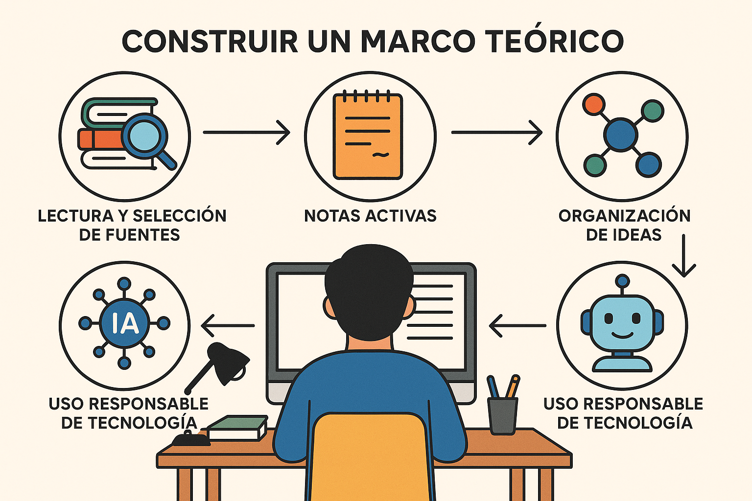 Infografía con cinco pasos visuales para construir un marco teórico reflexivo y propio, desde la lectura hasta el uso ético de la IA.
