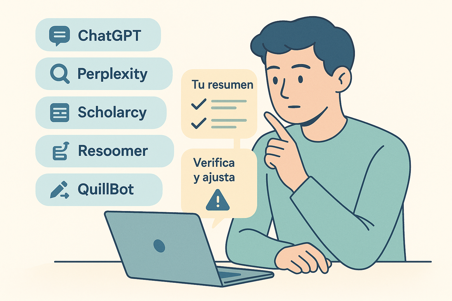 Persona frente a una laptop, señalando burbujas de herramientas digitales (ChatGPT, Perplexity, Scholarcy, Resoomer, QuillBot) y cuadro comparativo “Tu resumen” con check, y mensaje “Verifica y ajusta” con icono de advertencia.